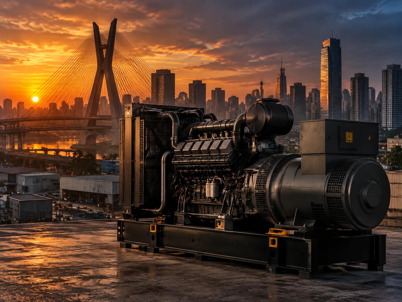 Gerador industrial com a Ponte Estaiada de São Paulo ao fundo no entardecer